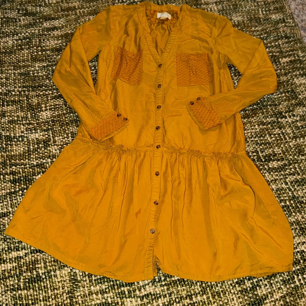Anthropologie Maeve Marlie Long Sleeve Button Front Tunic Dress Sz 2 Mustard - Picture 6 of 8